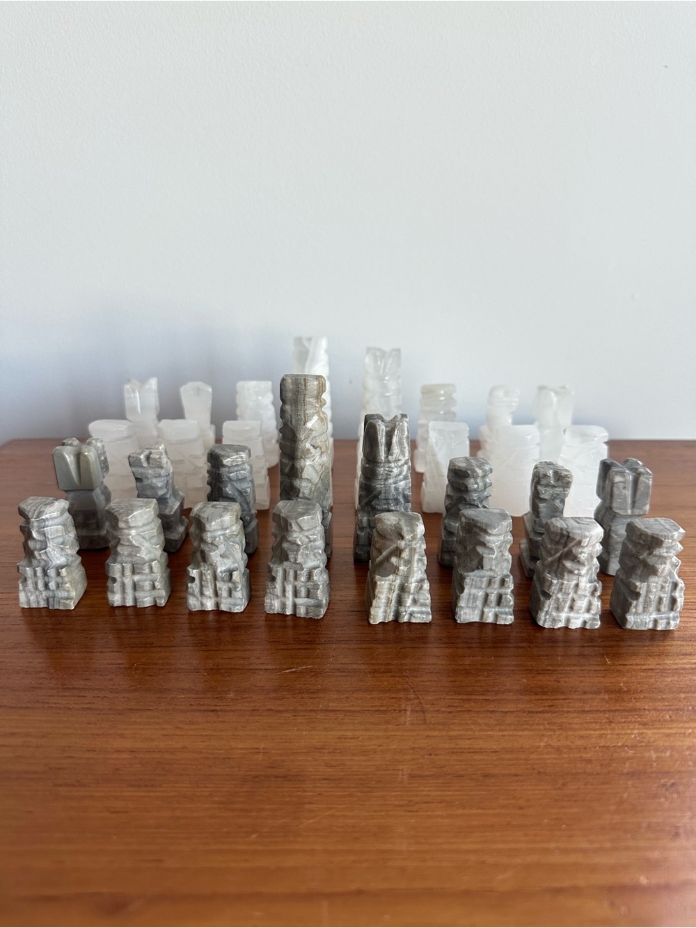 Onyx Stone Chess Pieces Set - Grey & White Marbled Stone - Full Set 32 Pieces